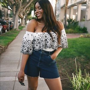 Express Embroidered Eyelet Lace Off the Shoulder Top